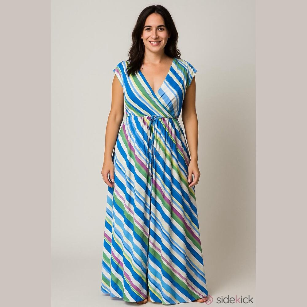 Easel Women’s‎ Blue Green Pink Diagonal Stripe Maxi Dress Flowy Boho Size 16